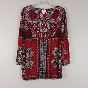 CHICOS| Women's Bohemian Red & Black Medallion Side Ruching Blouse Top Size 3